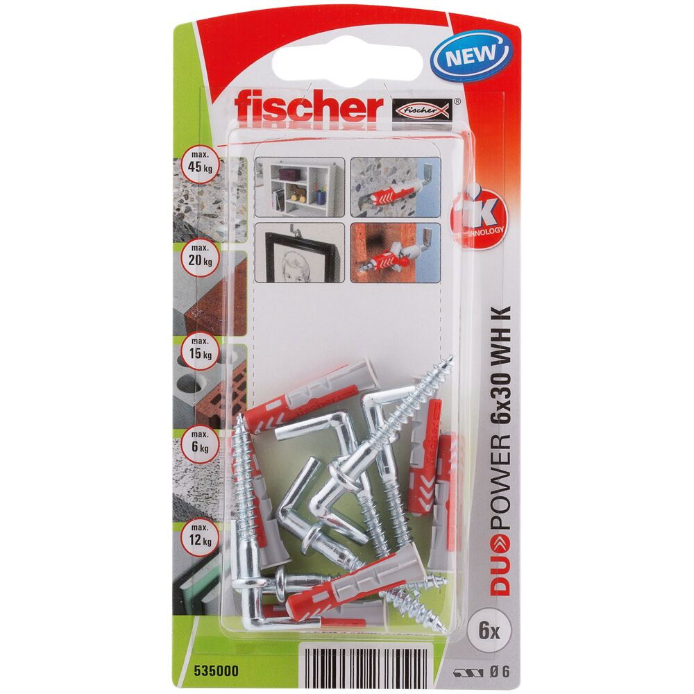 Fischer DUOPOWER dübel 6 x 30 WH K NV - derékszögű kampóval, bliszteres, 6 db/csomag termék fő termékképe