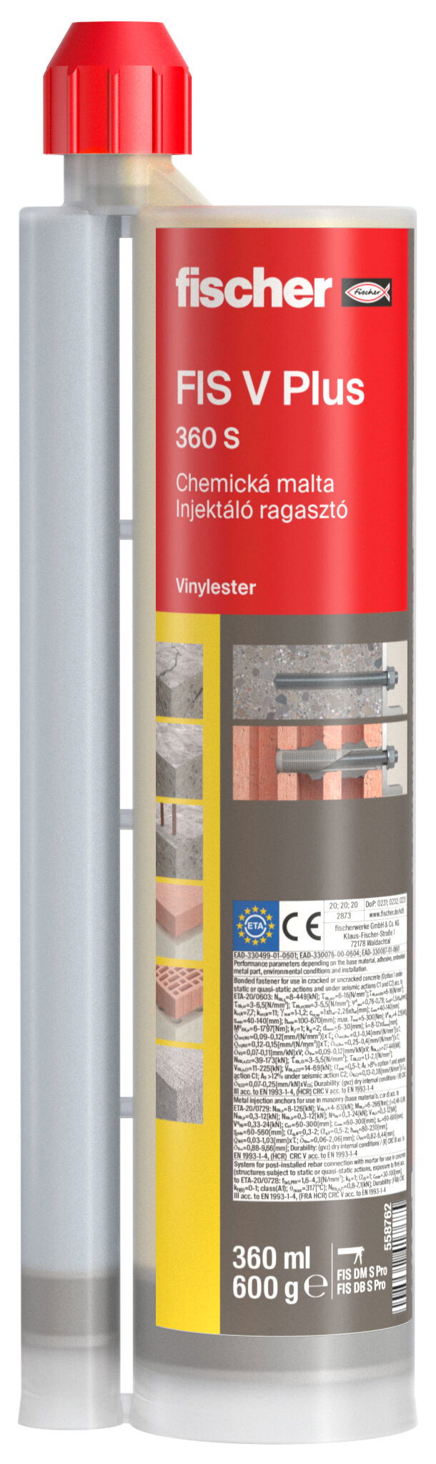 Fischer FIS V Plus 360 S injektáló ragasztó, 360 ml + 2 db FIS MR Plus keverőszár (CS, HU, SK) termék fő termékképe